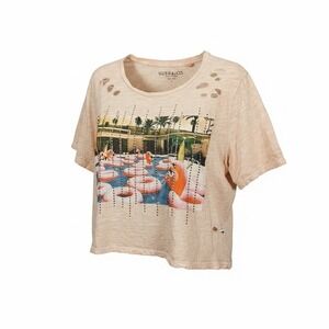 Guess Eco Flamingo Corp Graphic T-Shirt L Peach Distressed Rhinestone Boxy Tee